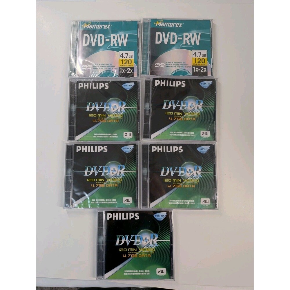 Blank DVD-RW DVD+RW Lot of 7 Philips Memorex 4.7GB 120 Min Rewritable Media